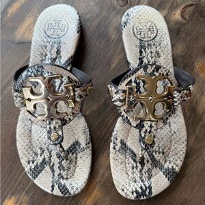 Tory Burch Snakeskin Flip Flops with Gold Logo